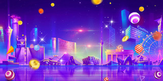 紫色简约大气小球金币城市建筑818购物节展板背景